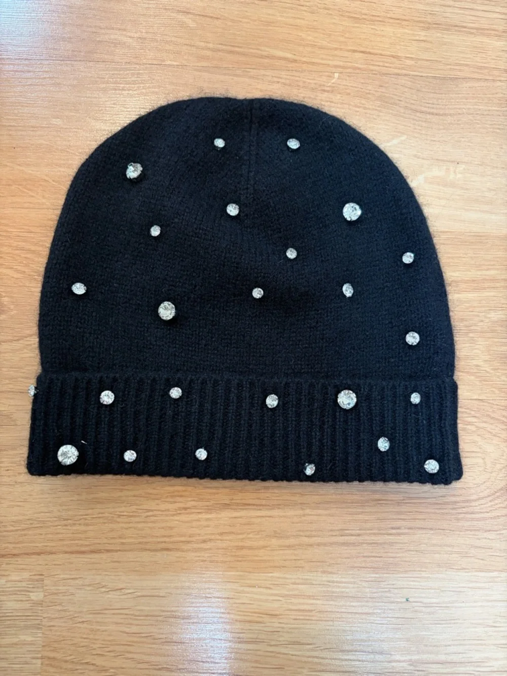 Charter Club Black Cashmere Rhinestone Embellished Beanie Hat